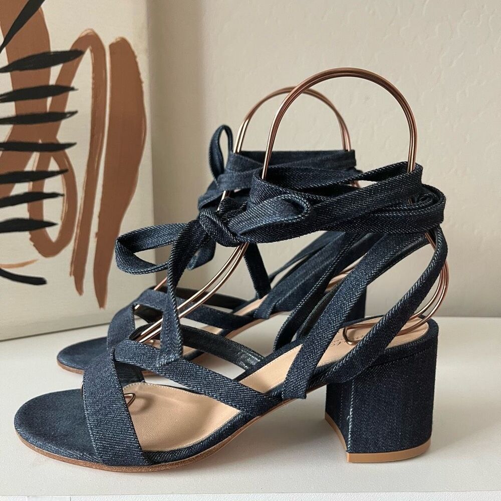 Gianvito Rossi Janis Dark Blue Denim Strappy Lace Up Block Heel Sandals Size‎ 39